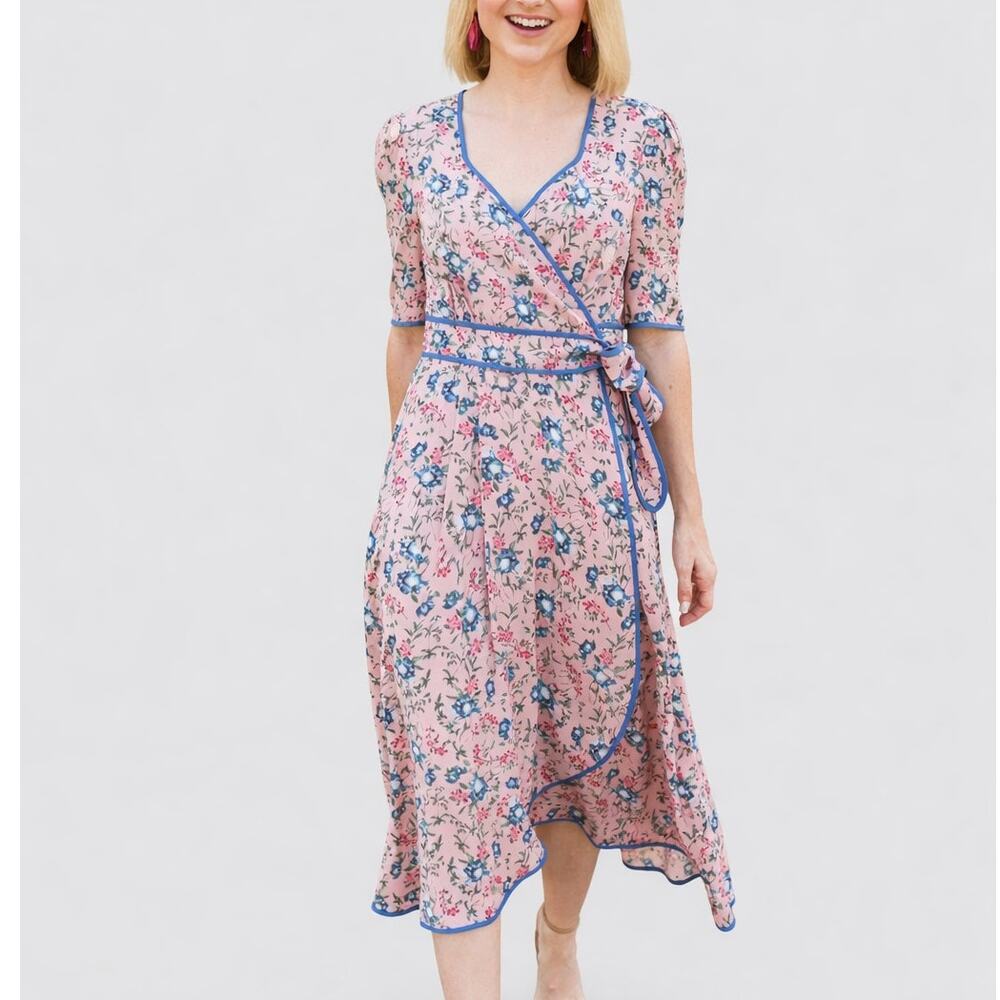 Gal Meets Glam Isadora Floral Wrap Midi Dress Pink Blue Ruffle Women's 8